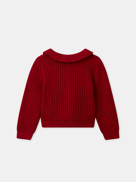 Red Cardigan With Ruffle Collar