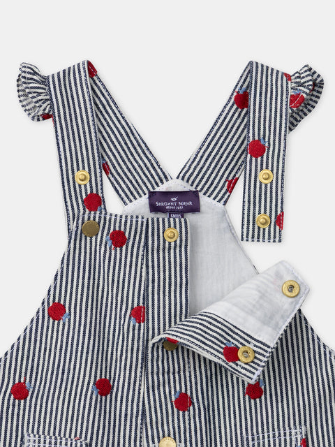 Striped Apple Embroidery Cotton Dungarees