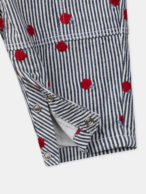 Striped Apple Embroidery Cotton Dungarees