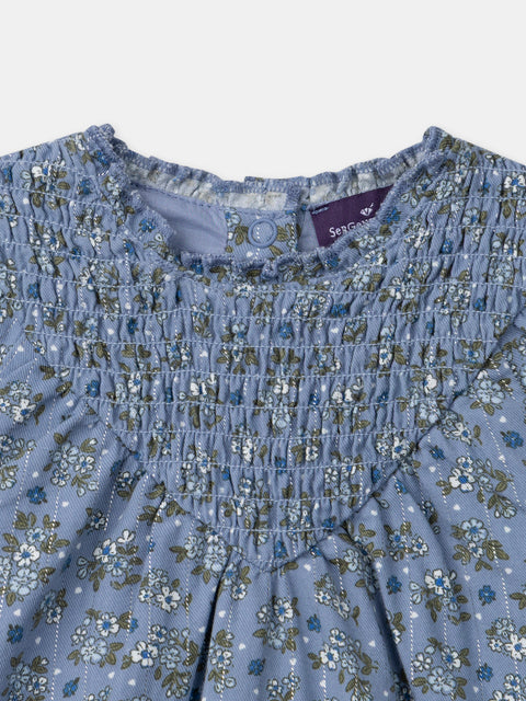 Lined Blue Floral Print Cotton Dress