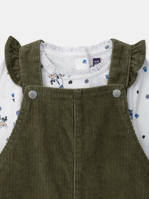 Green Corduroy Dungarees With Matching Bodysuit & Cream Tights