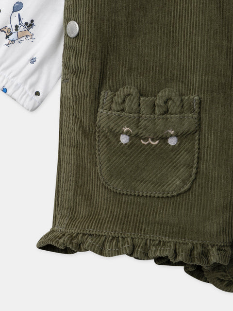 Green Corduroy Dungarees With Matching Bodysuit & Cream Tights