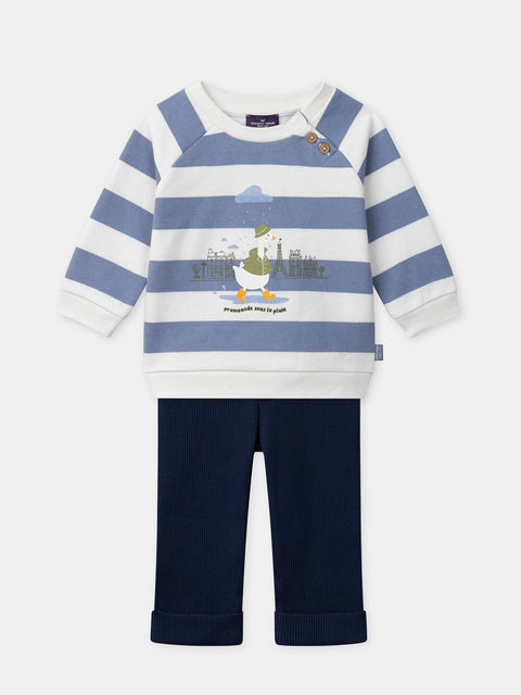 Blue Stripe Cotton Fleece Sweatshirt With Navy Leggings