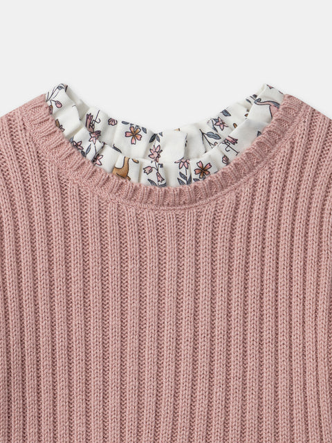 Pink Knit Dress With Printed Fabric Skirt
