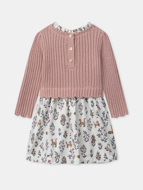 Pink Knit Dress With Printed Fabric Skirt