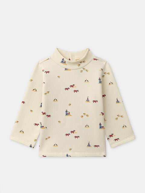 Off White Printed Cotton Polo Neck