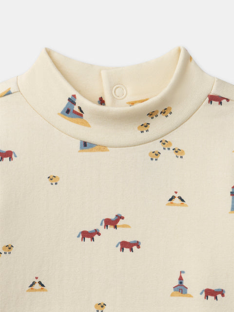 Off White Printed Cotton Polo Neck