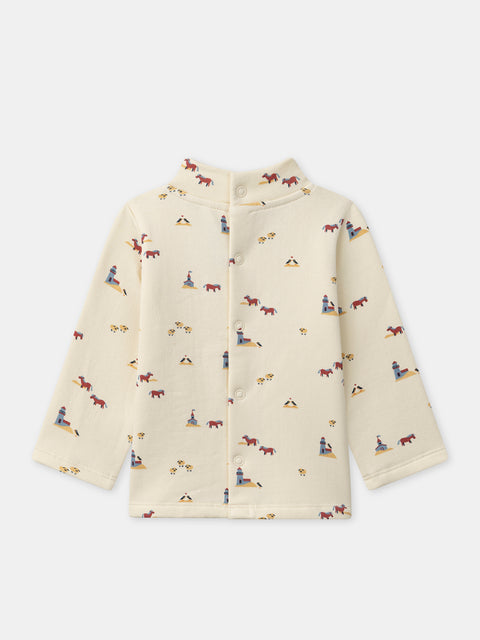 Off White Printed Cotton Polo Neck