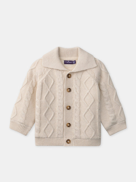 Cream Faux Fur Lined Cotton Rich Cable Cardigan