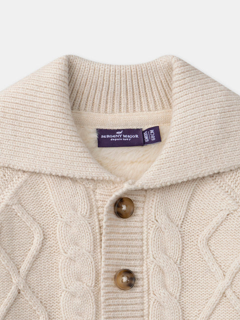 Cream Faux Fur Lined Cotton Rich Cable Cardigan