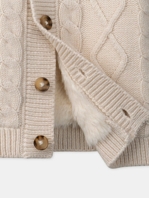 Cream Faux Fur Lined Cotton Rich Cable Cardigan