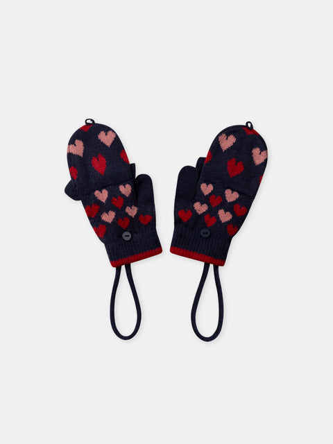 Navy Heart Pattern Gloves With Tie