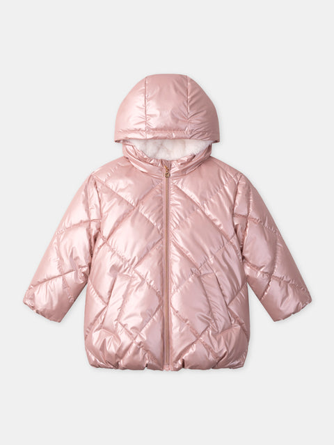 Metallic Pink Hooded Quilted Coat