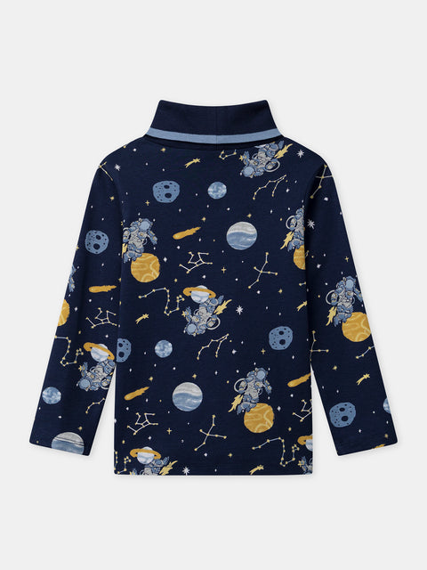 Navy Astronaut Print Cotton Polo Neck