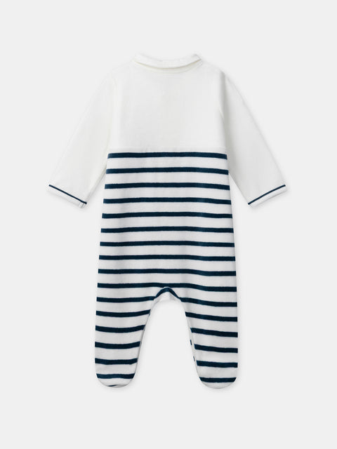 Navy & Cream Stripe Velour Sleepsuit