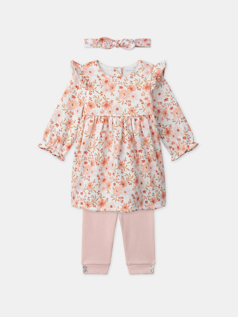 Newborn Printed Cotton Dress With Matching Leggings & Headband