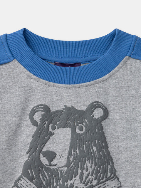 Grey Bear Print Cotton Fleece Sweatshirt
