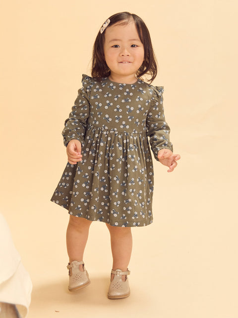 Khaki Green Floral Print Viscose Dress
