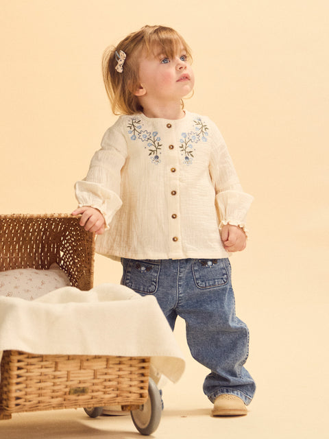 Cream Floral Embroidered Cotton Blouse