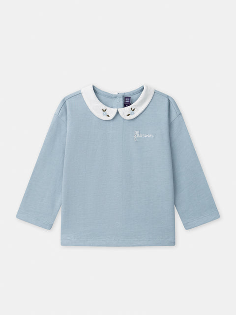 Blue Cotton T-shirt With Contrasting Embroidered White Collar