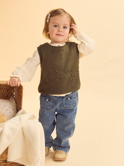 Green Self Embroidered Sleeveless Jumper