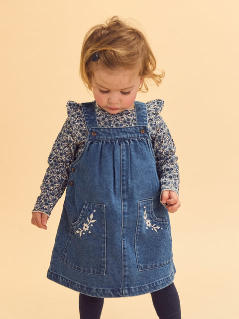 Blue Floral Print Cotton T-shirt With Denim Dress