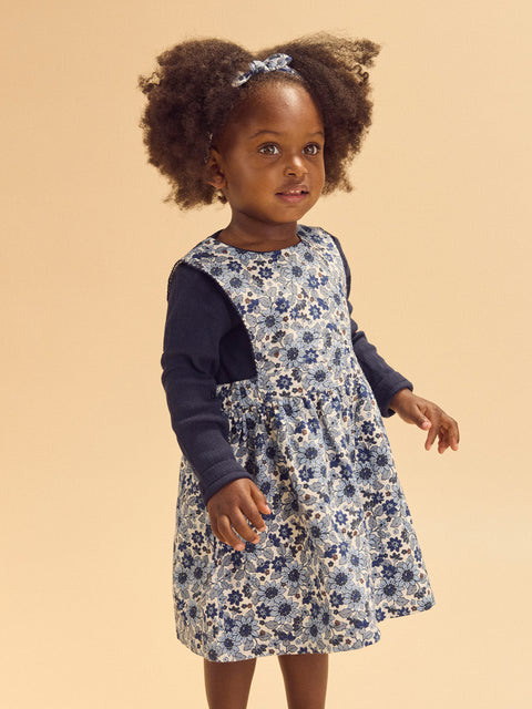 Lined Blue Floral Print Cotton Pinafore Dress