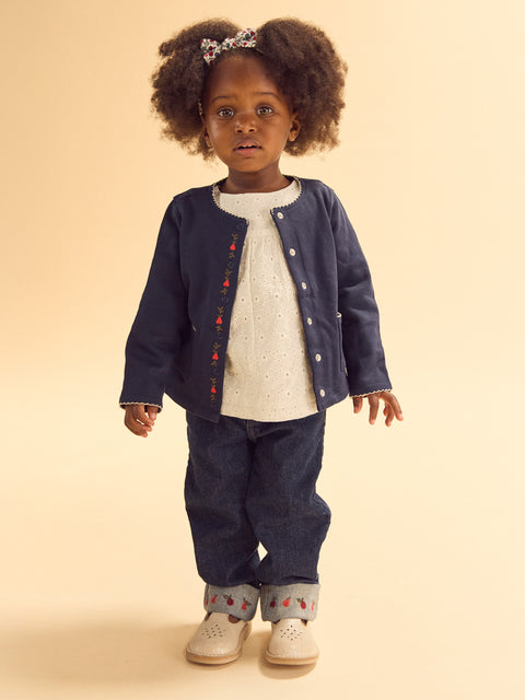 Embroidered Navy Cotton Fleece Cardigan