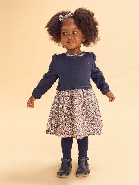 Navy Cotton Fleece Dress With Floral Printed Skirt