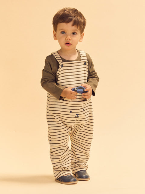 Cream & Khaki Green Stripe Cotton Fleece Dungarees