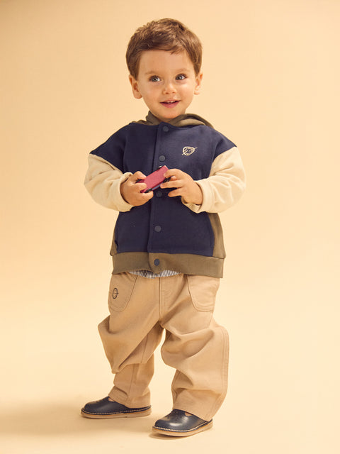 Navy Colour Block Cotton Fleece Hoodie