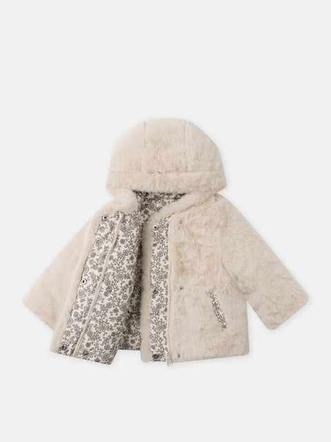 Reversible Beige Faux Fur Hooded Coat