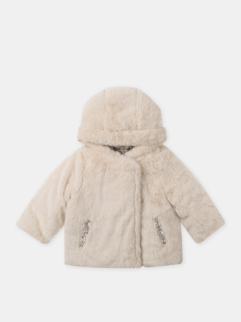 Reversible Beige Faux Fur Hooded Coat