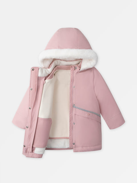 Pink Faux Fur Lined 3 in 1 Hooded Canvas Coat