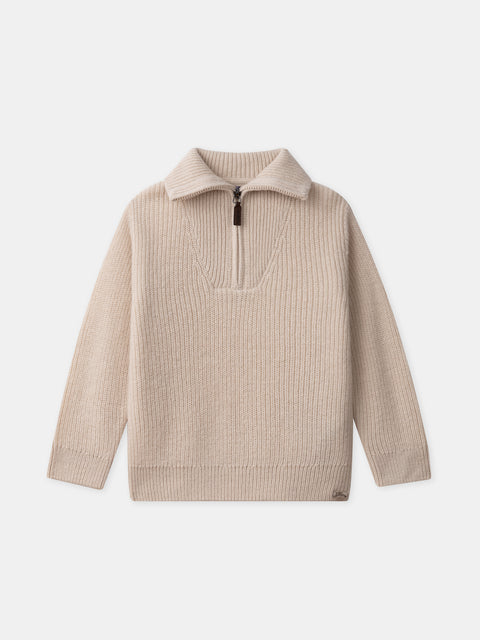 Beige Ribbed Wool Mix Half Zip Jumper