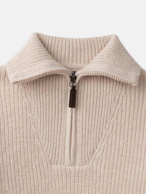 Beige Ribbed Wool Mix Half Zip Jumper