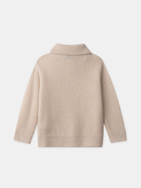 Beige Ribbed Wool Mix Half Zip Jumper