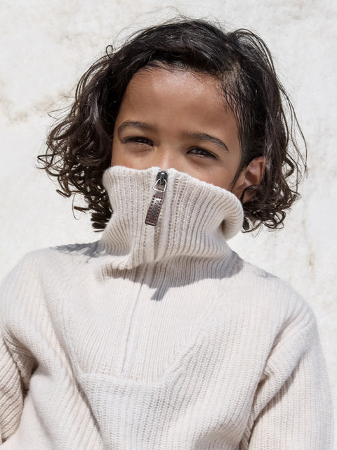 Beige Ribbed Wool Mix Half Zip Jumper