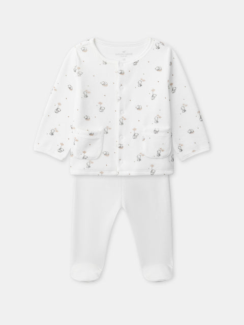 Off White Velour Teddy Bear Print Cardigan With Matching Bottoms