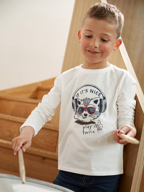 White Cat Print Cotton T-shirt