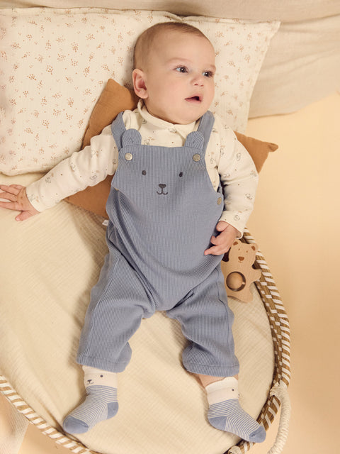 Blue Cotton Dungarees With Cream Bodysuit & Socks