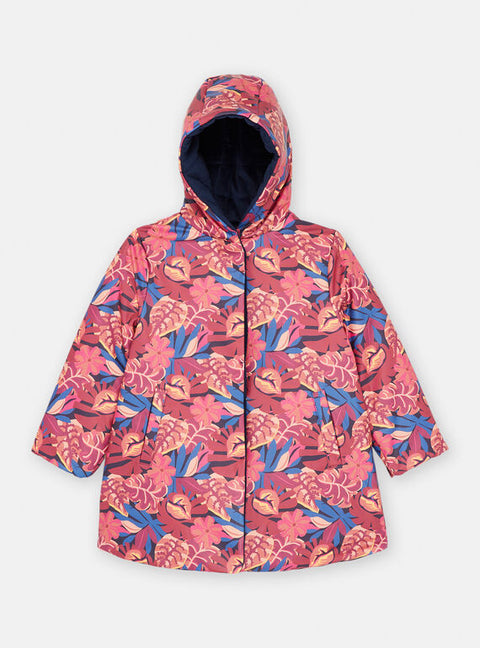 Navy Floral Print Reversible Hooded Raincoat