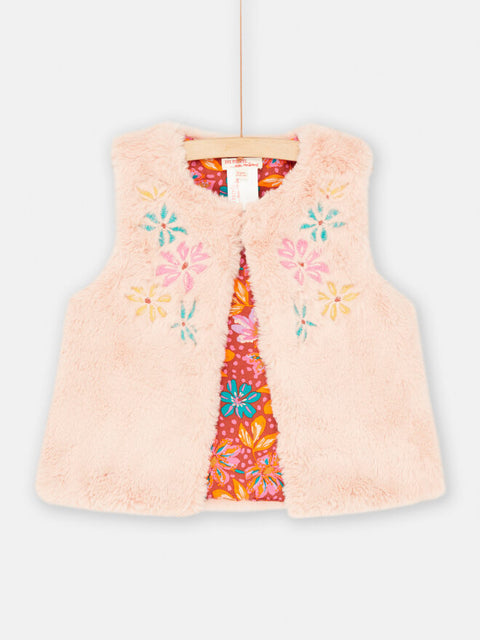 Pink Faux Fur Gilet With Floral Embroidery