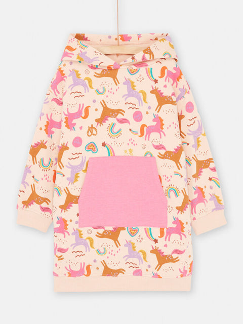 Pink Unicorn Print Cotton Fleece Hoodie Dress
