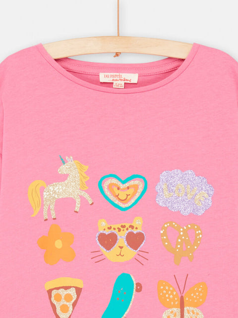 Pink Icon Print Long Sleeve Cotton T-shirt