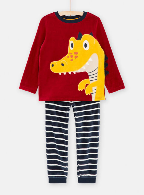 Red & Navy Dinosaur Print Velour Pyjamas