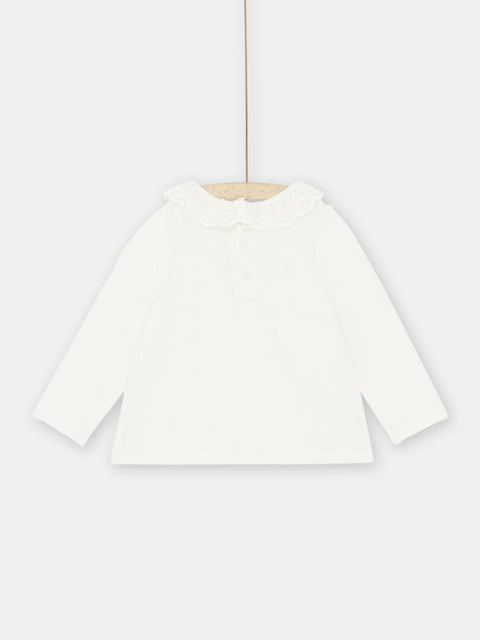 White Long Sleeve Cotton T-shirt with Ruffle Collar