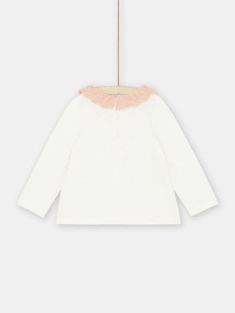 White Long Sleeve Cotton T-shirt with Pink Ruffle Collar