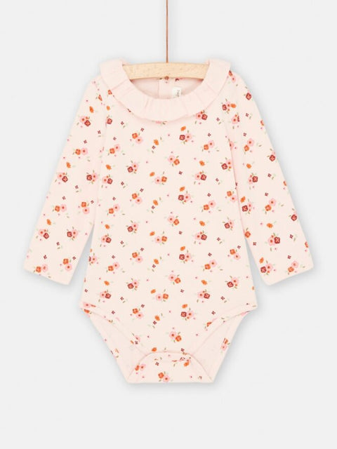 Pink Floral Print Cotton Bodysuit with Collar
