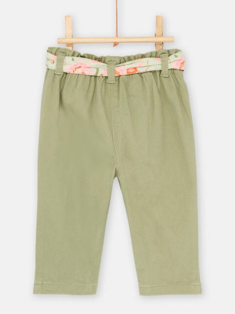 Khaki Green Satin Cotton Trousers with Floral Belt